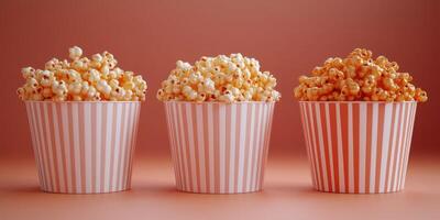 Three striped popcorn buckets filled with delicious buttery popcorn, perfect for a film night photo
