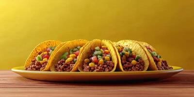 Colorful tacos filled with seasoned ground meat and fresh vegetables served on a vibrant yellow background photo