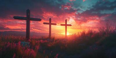 Sunset casts vibrant colors over wooden crosses in a serene field with blooming flowers photo