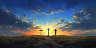 Three crosses silhouetted against a vibrant sunset in a serene landscape revealing hope and reflection photo