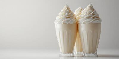 Delicious creamy milkshakes topped with whipped cream in stylish glasses on a neutral background photo