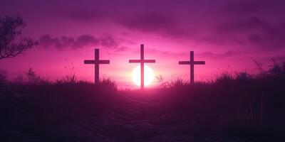 Sunset view of three crosses silhouetted against a vibrant purple sky in a serene landscape photo