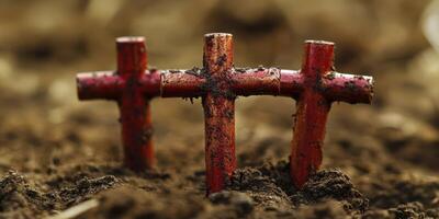 Wooden crosses covered in soil mark a grave site in a rural area during an overcast day in early spring photo