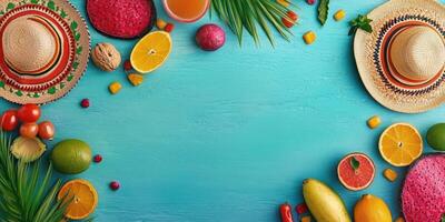 Colorful arrangement of fruits and sombreros on vibrant blue background for festive celebration photo