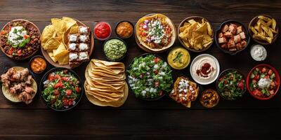 Colorful spread of traditional Mexican cuisine featuring tacos, salsa, and various dips on a wooden table photo