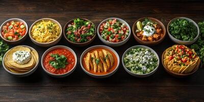 Colorful spread of traditional Mexican dishes on a rustic wooden table in a cozy setting photo