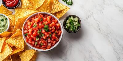 Fresh salsa served with crispy tortilla chips and assorted toppings in a vibrant food setting photo