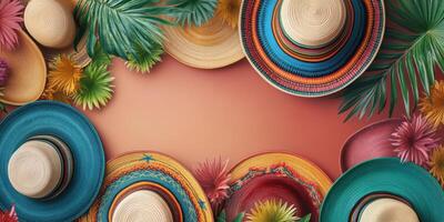Colorful sombreros arranged creatively with tropical foliage for a festive atmosphere photo