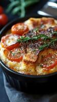 Savory baked dish with tomatoes and herbs served in a bowl on a dark surface photo
