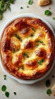 Savory cheese dish with herbs baked to perfection on a clean surface surrounded by fresh greenery photo