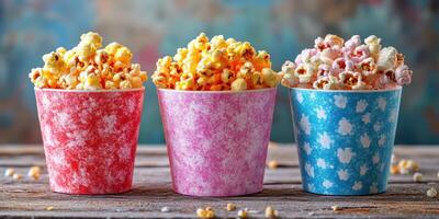 Colorful popcorn buckets filled with assorted flavors on a rustic wooden table photo