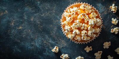 Sweet caramel tart topped with fluffy popcorn arranged on a dark textured surface photo