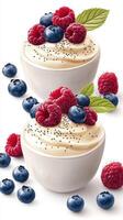 Delicious dessert with creamy yogurt topped with fresh raspberries and blueberries at a sunny kitchen table photo