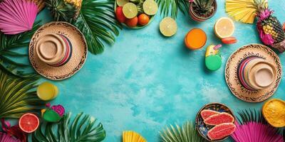 Colorful tropical decor with hats, fruits, and vibrant drinks creating a lively summer atmosphere for a celebration photo