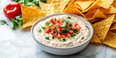 Creamy dip served in a bowl with fresh tomatoes and herbs beside crispy tortilla chips on a marble surface photo