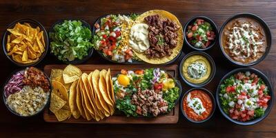 Delicious spread of Mexican cuisine with tacos, dips, and fresh salads on wooden table at a festive gathering photo