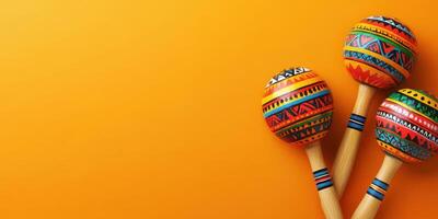 Colorful maracas arranged on a vibrant orange background showcasing traditional patterns and craftsmanship photo