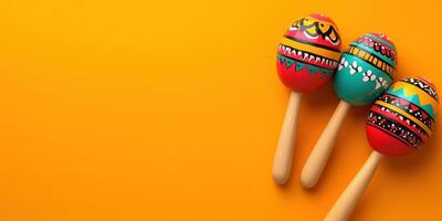 Colorful handcrafted maracas displayed on vibrant orange background with intricate designs and patterns photo