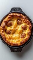 Savory baked dish with golden crust and meatballs served in a cast iron skillet photo