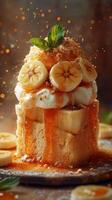 Delicious dessert featuring fluffy bread with bananas, cream, and caramel, beautifully presented with mint garnish in a cozy setting photo