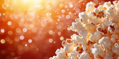 Popcorn glistens under warm light with sparkling bokeh in the background creating a cozy movie snack atmosphere photo