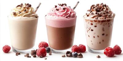 Refreshing and delicious milkshakes served with chocolate and raspberry toppings in a bright setting photo