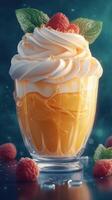 Delicious dessert with whipped cream, mango, and raspberries served in a clear glass on a vibrant blue background photo