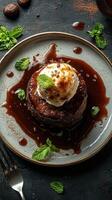 Delicious dessert served at a cozy restaurant featuring warm chocolate cake with vanilla ice cream and chocolate drizzle photo