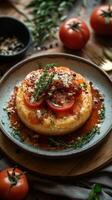 Delicious savory tart topped with fresh tomatoes and herbs on rustic wooden table photo