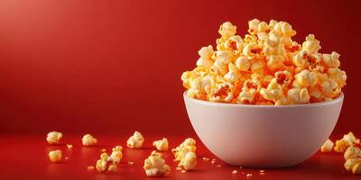 Delicious buttery popcorn in a white bowl against a vibrant red background ready for movie night photo