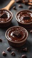 Decadent chocolate mousse prepared in individual ramekins for a delicious dessert experience photo