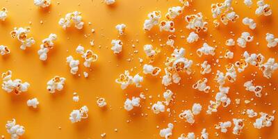 Scattered popcorn kernels on vibrant orange surface for fun snack display and movie time enjoyment photo