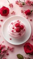 Delicious pink cake decorated with raspberries and roses on a soft pink background ideal for celebrations and special occasions photo