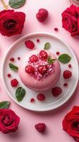 Delicious raspberry cake adorned with fresh fruit and roses on a pink backdrop photo