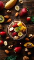 Colorful fruit parfait with chia seeds and nuts arranged on a rustic wooden table photo