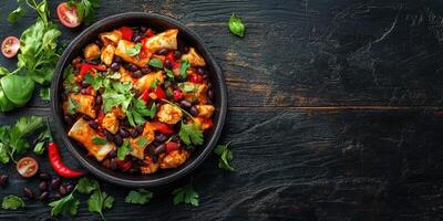 Colorful chicken and black bean dish served in a rustic bowl with fresh herbs and vegetables photo