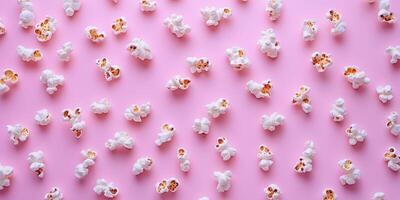Colorful popcorn scattered across a pink background creates a fun and vibrant food arrangement photo