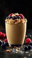 Creamy dessert with fresh berries and almonds in a glass with a dark background photo