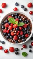 Colorful dessert bowl filled with berries and chocolate placed on a light background photo