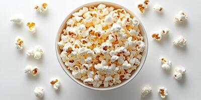 Freshly popped popcorn in a large bowl surrounded by scattered kernels on a white background photo