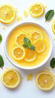 Fresh lemon dessert with mint leaves garnished in a white bowl on a plain background photo