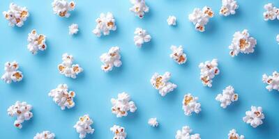 Various popcorn pieces scattered on a light blue background create a playful and colorful visual experience photo