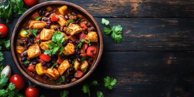Delicious chicken and black bean stew served in a rustic wooden bowl with fresh herbs and vegetables photo