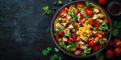 Colorful bowl of fresh salad with grilled chicken, beans, and cherry tomatoes served with cilantro photo
