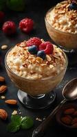 Delicious bowl of creamy rice pudding topped with fresh berries and almonds at a cozy kitchen table photo