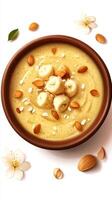 Delightful bowl of creamy banana almond pudding garnished with nuts and flowers on a bright background photo
