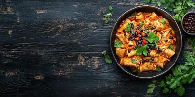 Colorful dish of tortilla chips topped with beans, vegetables, and fresh cilantro on dark wooden table photo