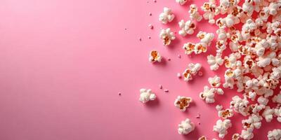 Popcorn spread across a pink surface creates a playful and inviting atmosphere for movie night snacks photo