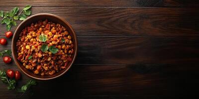 Delicious hearty chickpea stew served in a rustic wooden bowl on a dark table with fresh herbs and cherry tomatoes photo