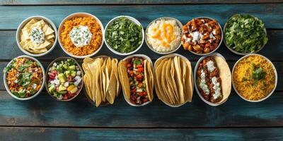 Colorful spread of fresh Mexican cuisine with tacos, rice, and various toppings on wooden table photo
